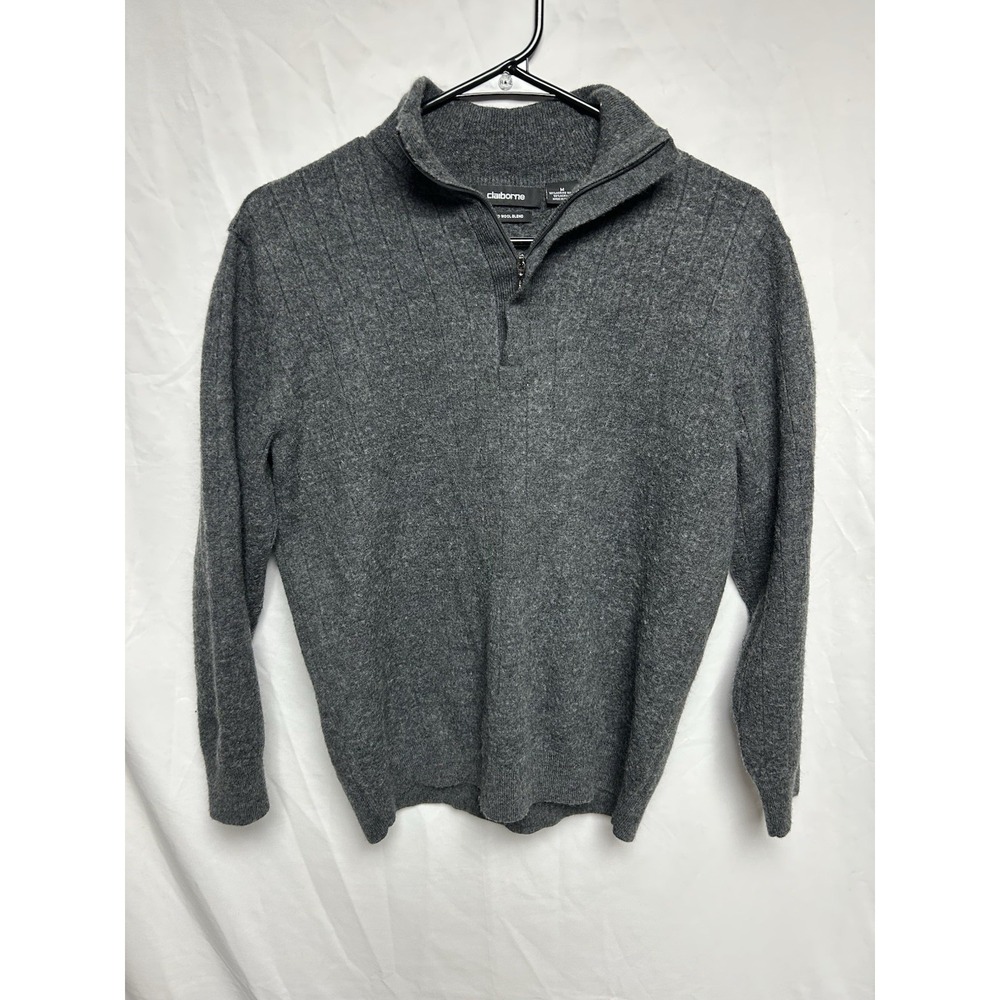 Claiborne Merino Wool Blend Knit Mock Sweater Gray 1/4 Zip Academia Dad Men's M